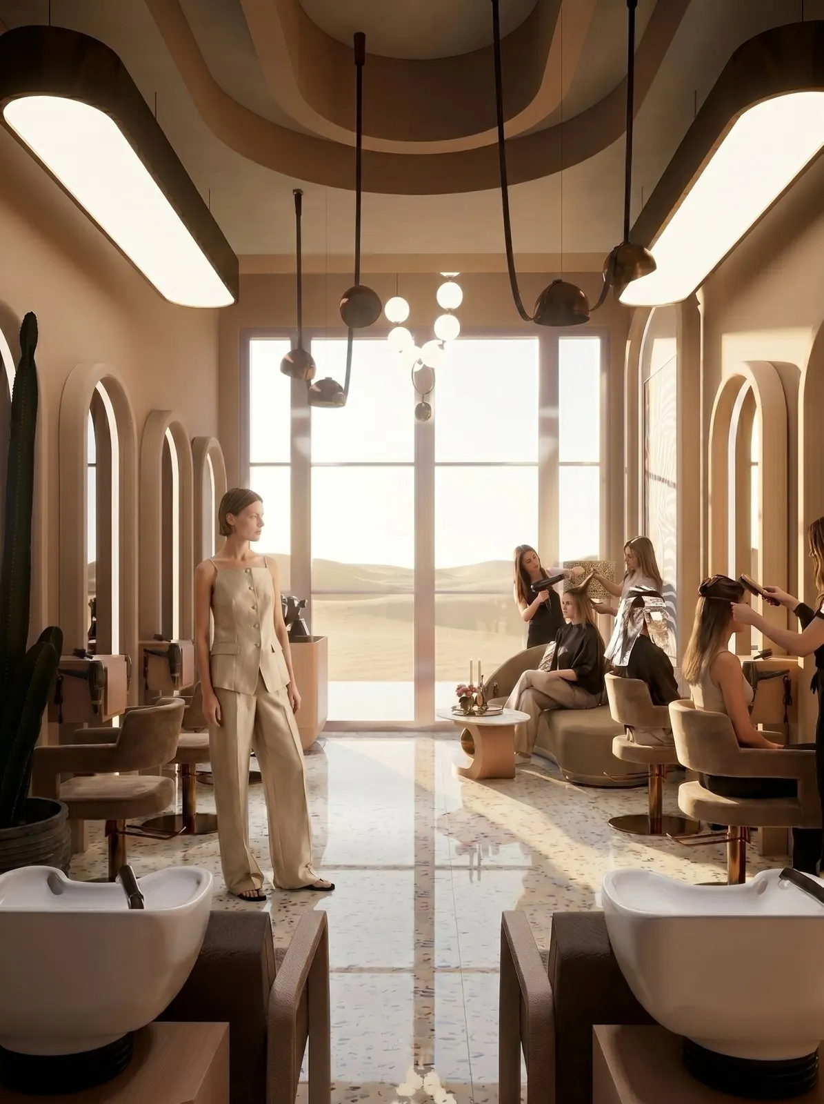 Hair salon with arched mirrors and desert view