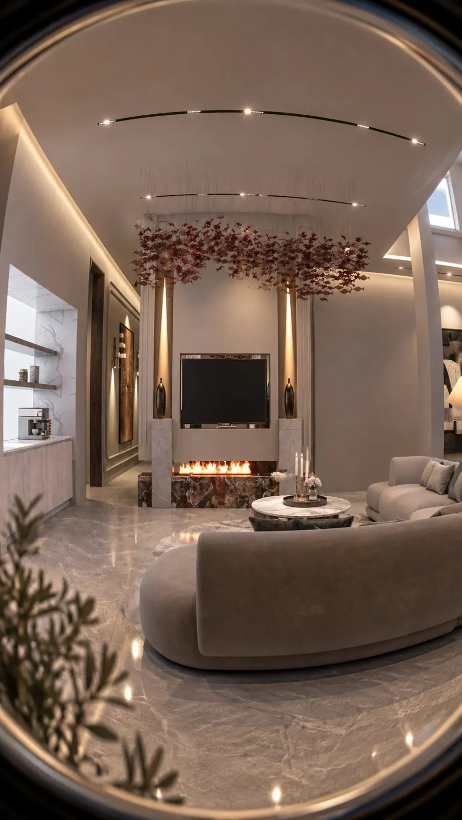 Living room with marble fireplace and suspended sculpture