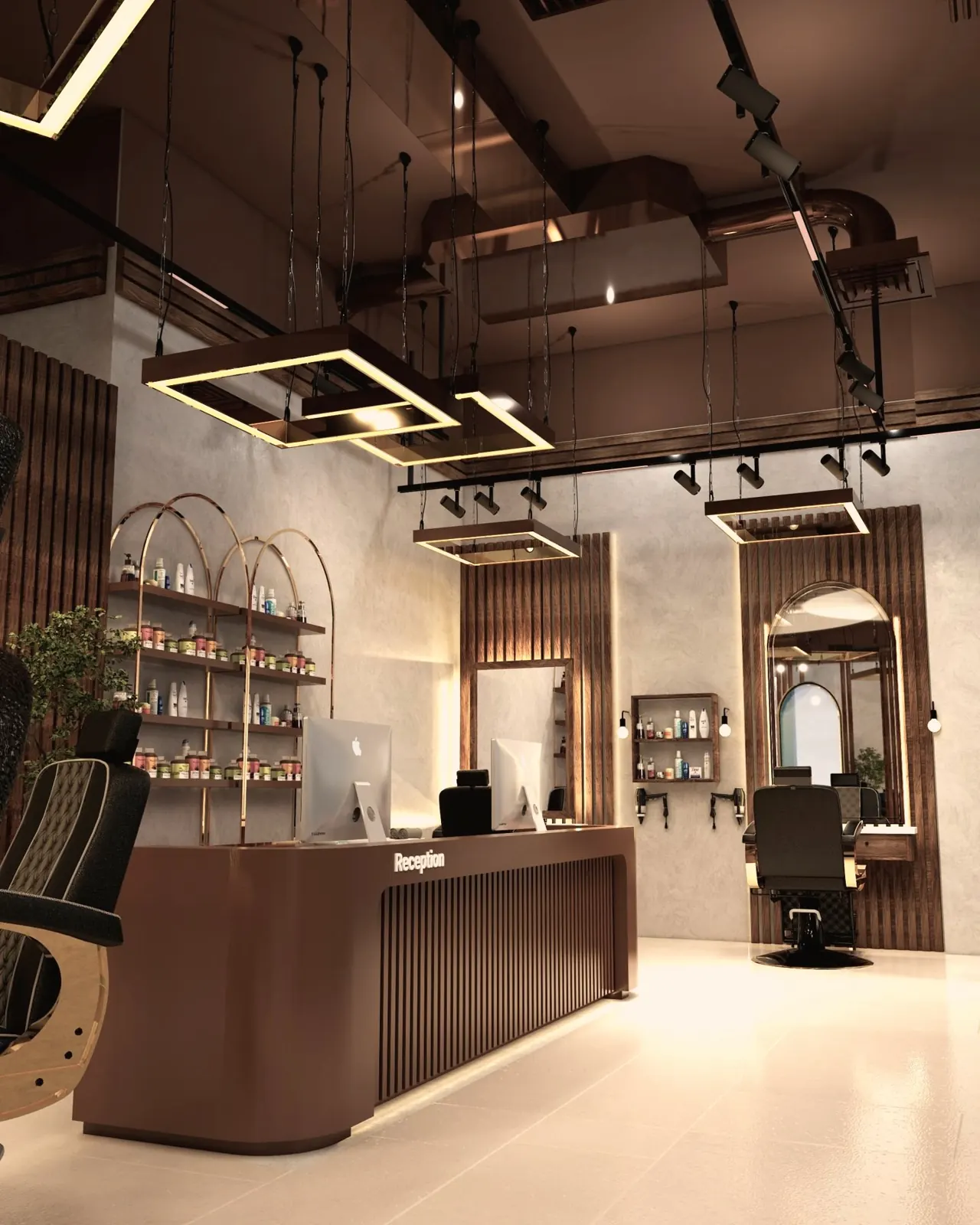 Barber shop with fluted wood reception, arched brass shelving and framed pendant lights, Al Khobar, Saudi Arabia