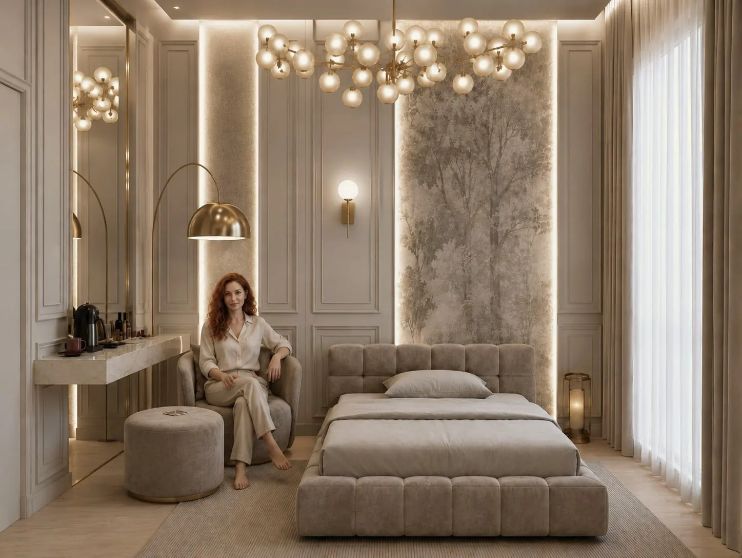 Bedroom with tree mural and globe chandelier, Jumeirah Golf Estates, Dubai