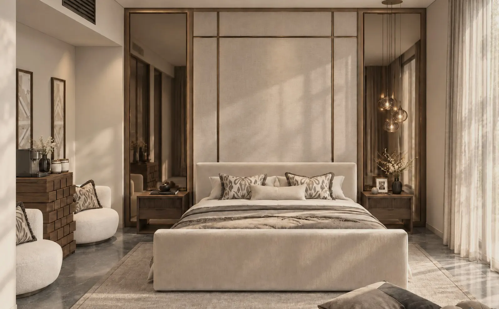 Bedroom with bronze-framed mirrors and upholstered wall, Jumeirah Islands, Dubai