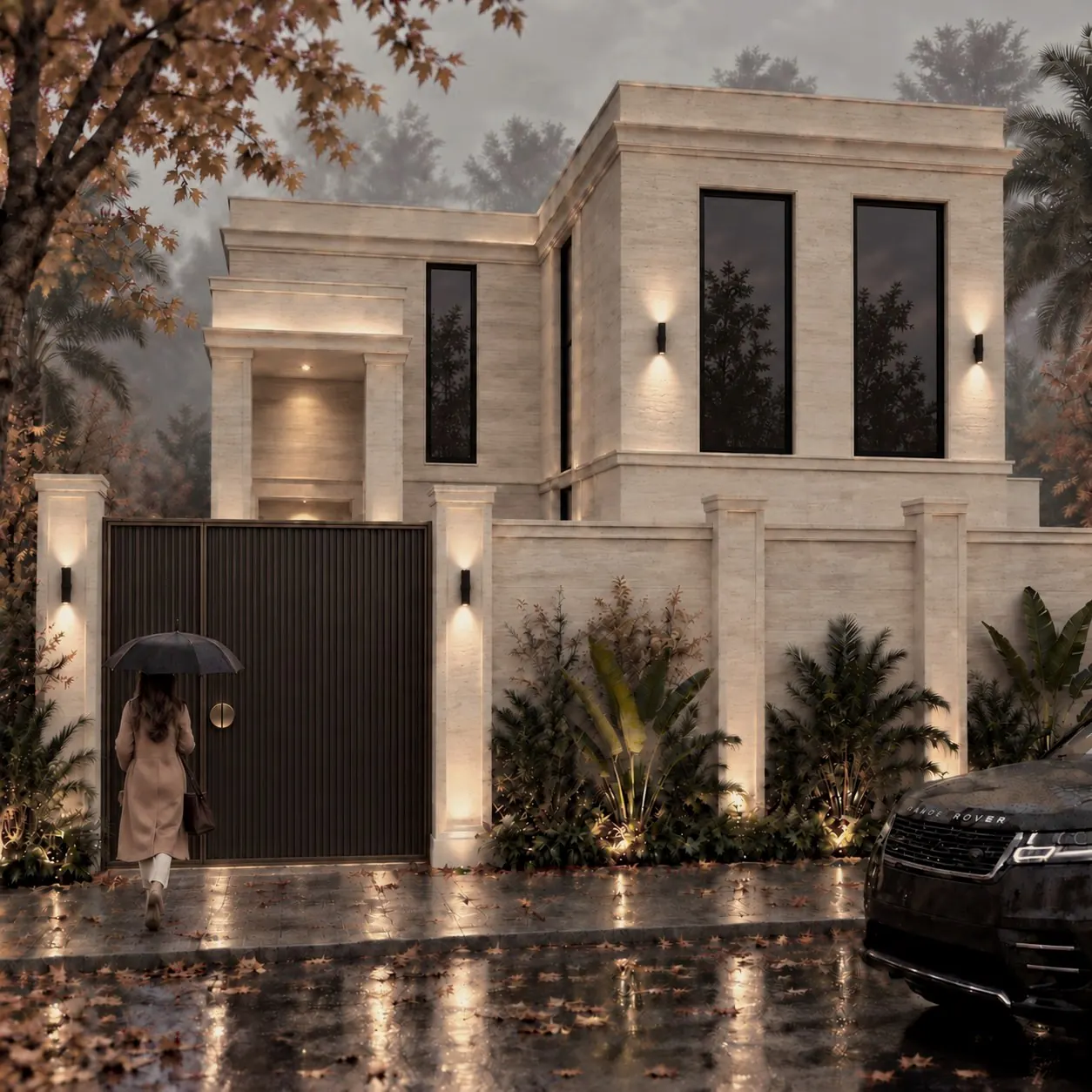 Classic travertine villa with bronze gate and wall lighting, Yas Island, Abu Dhabi