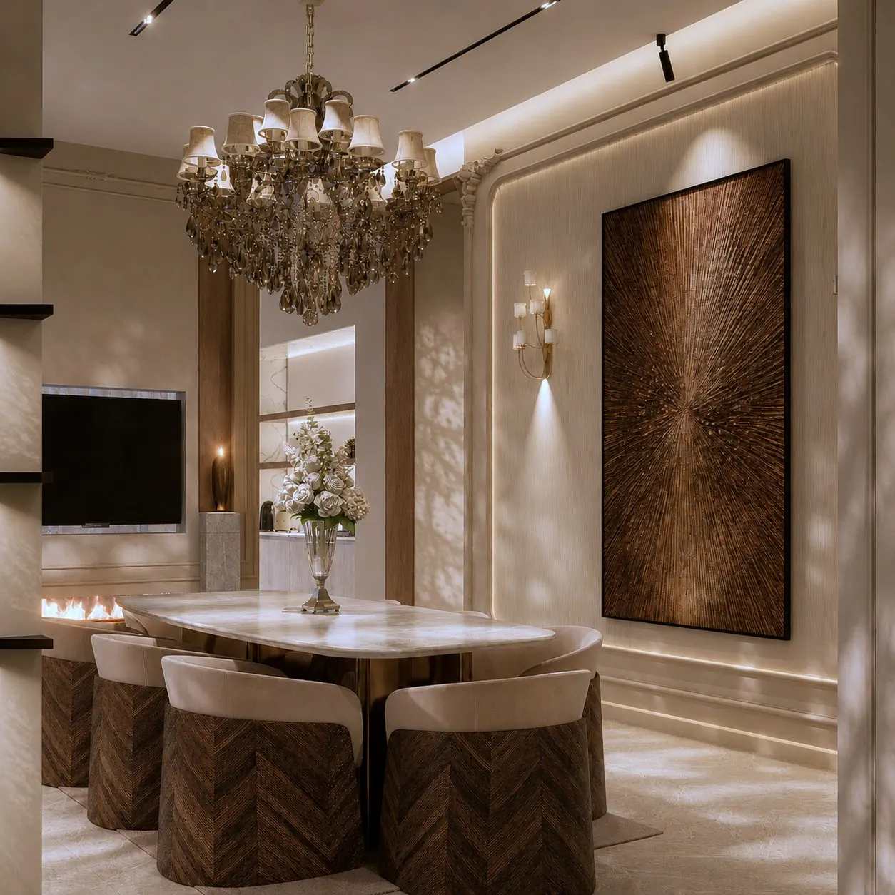 Dining room with crystal chandelier and wood art panel, JVC, Dubai