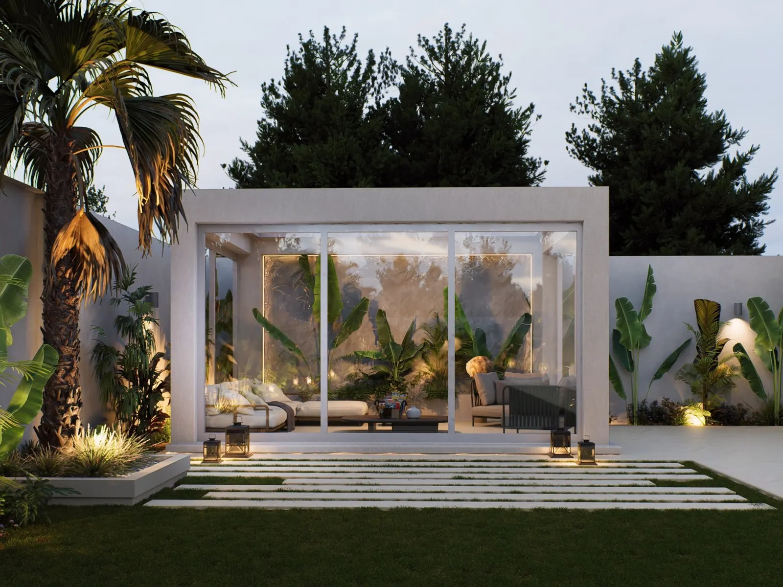 Glass garden pavilion with lounge seating, lanterns and stepping-stone lawn, Al Furjan, Dubai