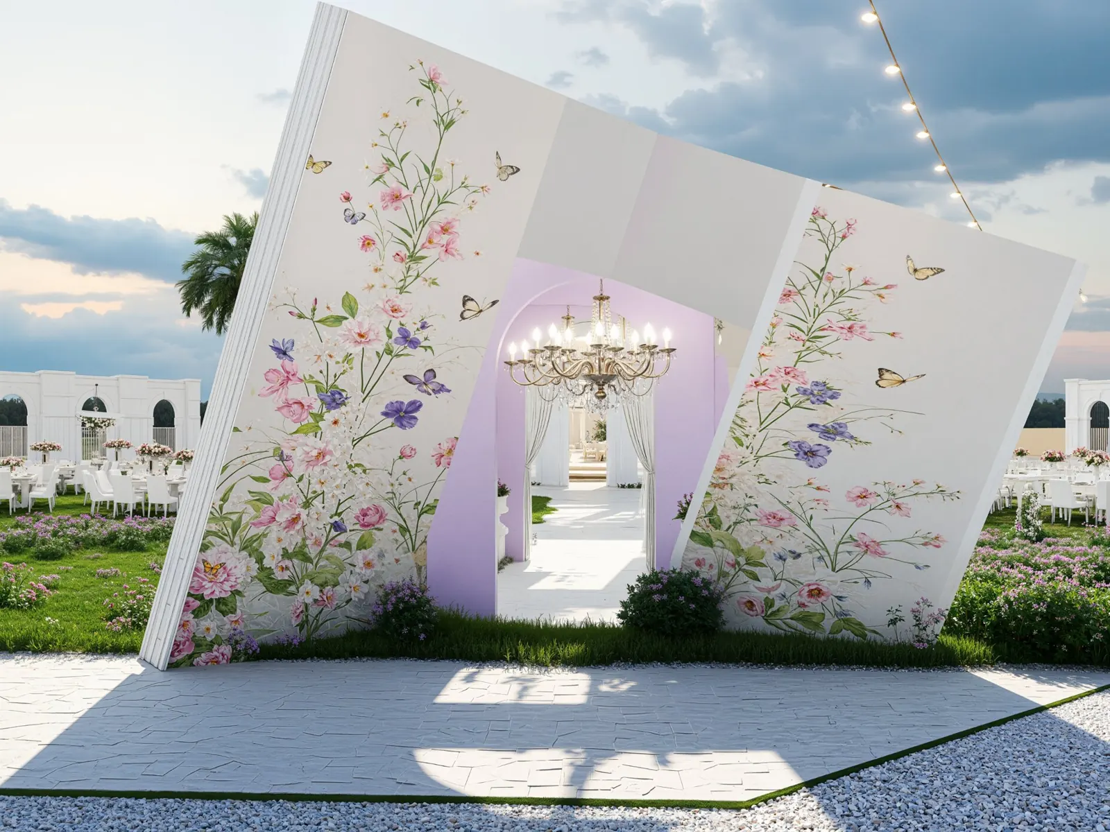 Garden wedding entrance with tilted floral mural walls and lavender archway, Al Shamkha, Abu Dhabi