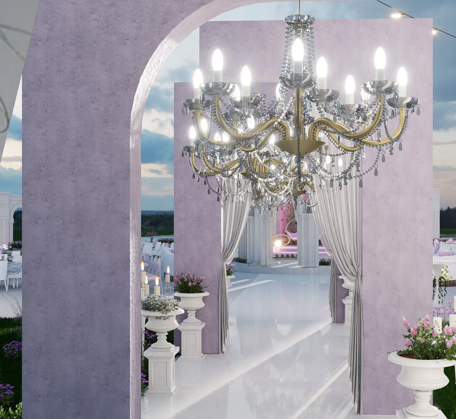 Lavender archway with crystal chandelier, drapes and stone urns, Al Shamkha, Abu Dhabi