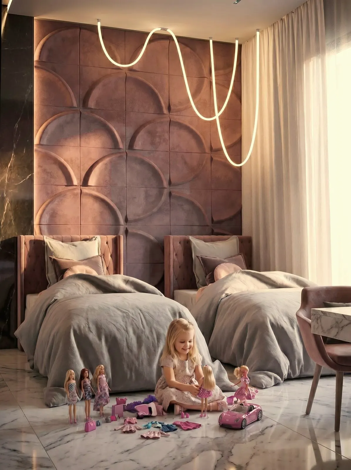 Girls' bedroom with sculpted velvet wall and ribbon light, Mirdif, Dubai
