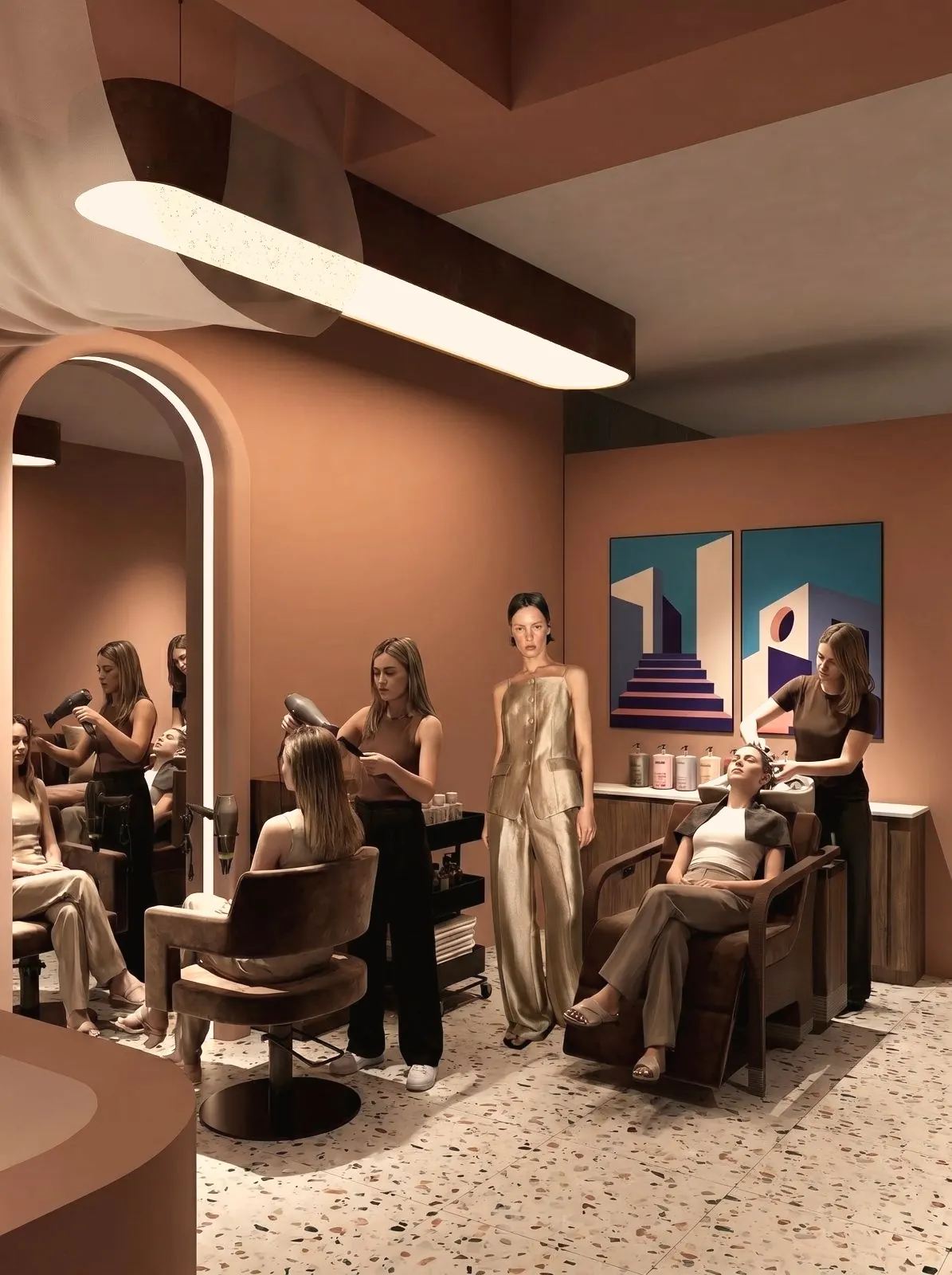 Terracotta salon with arched mirror and wash stations, Doha, Qatar