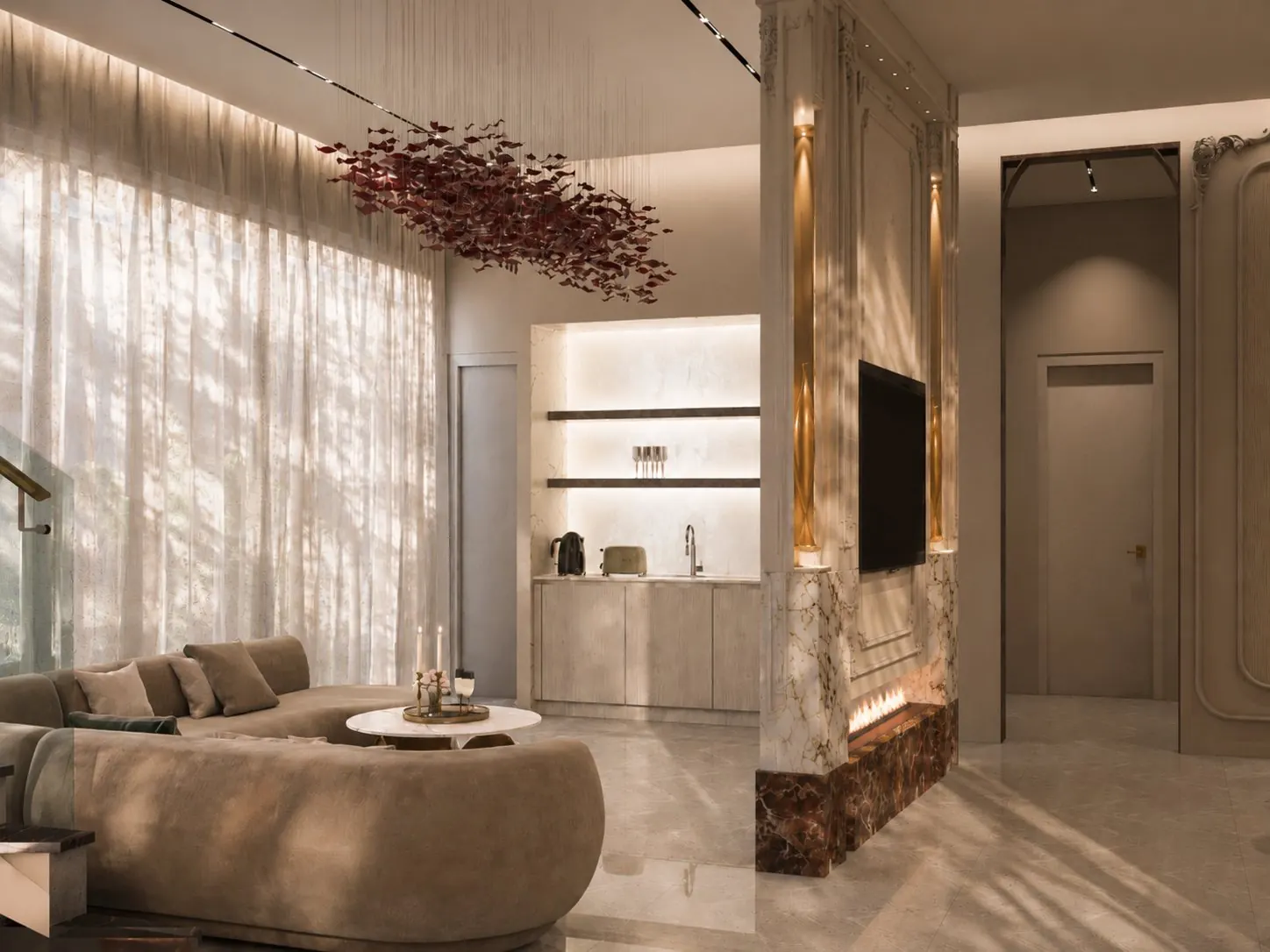 Living room with suspended sculpture, marble fireplace and curved sofa, Palm Jumeirah, Dubai