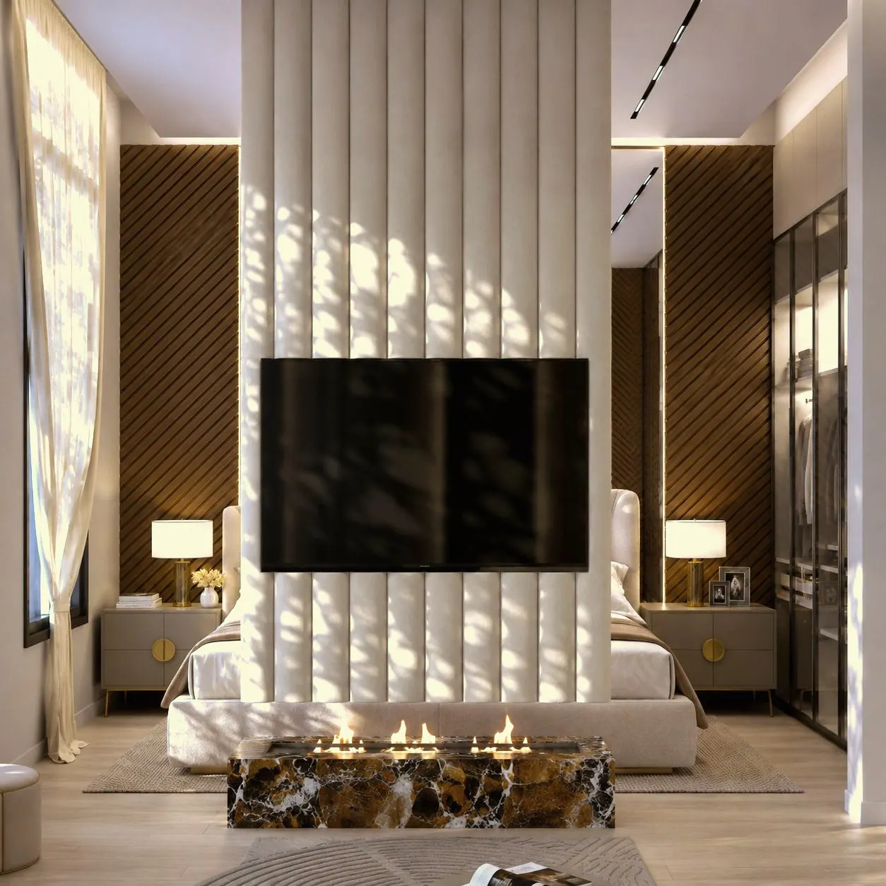 Master bedroom with upholstered divider, fireplace and diagonal wood walls, District One, MBR City