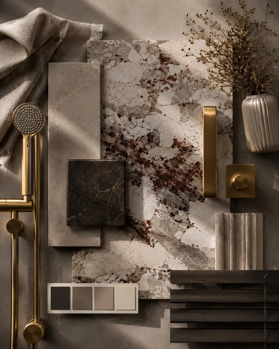 Material board with marble, brass fittings and wood, Palm Jumeirah, Dubai