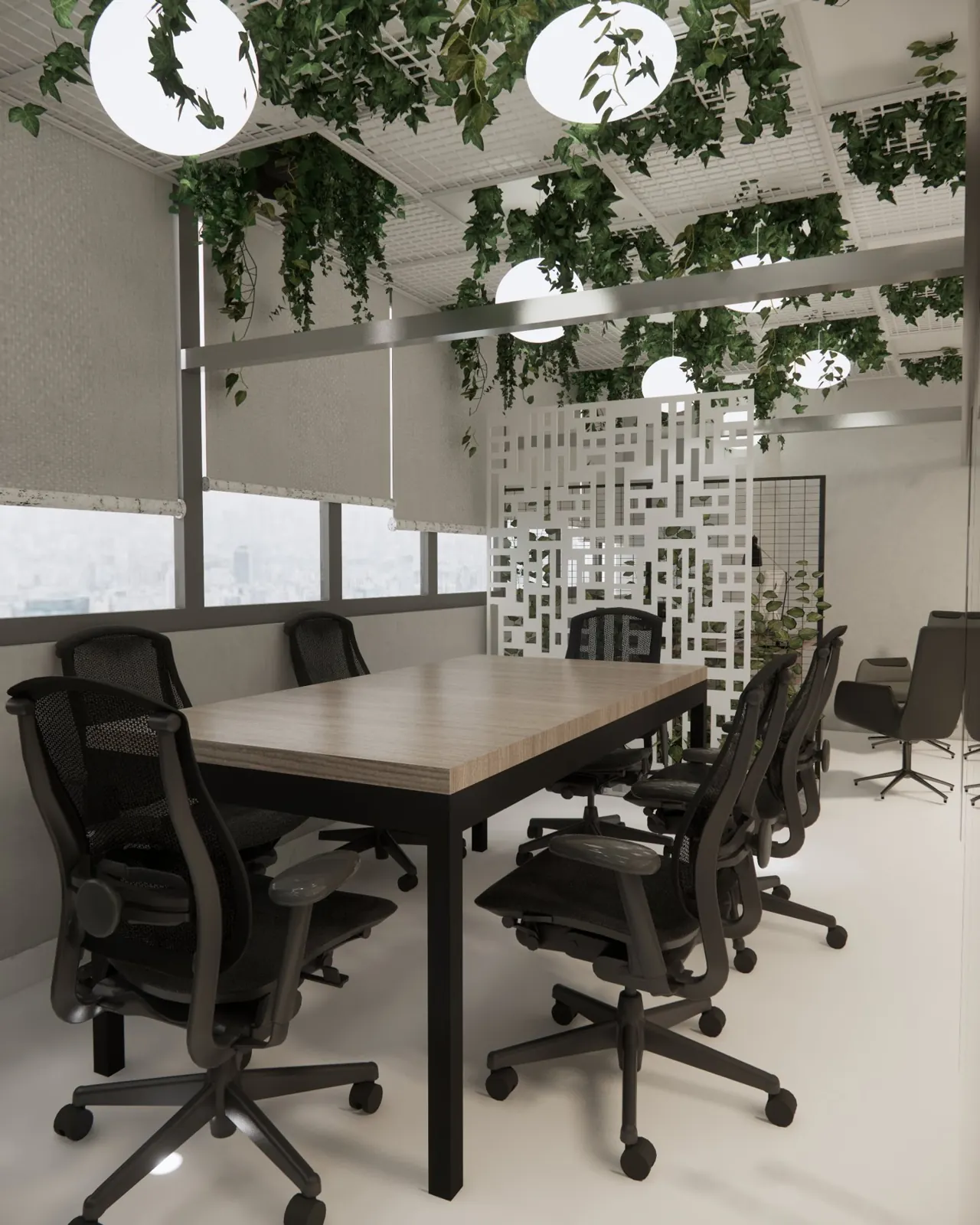 Meeting room with hanging ivy ceiling, globe pendants and laser-cut screen, Business Bay, Dubai