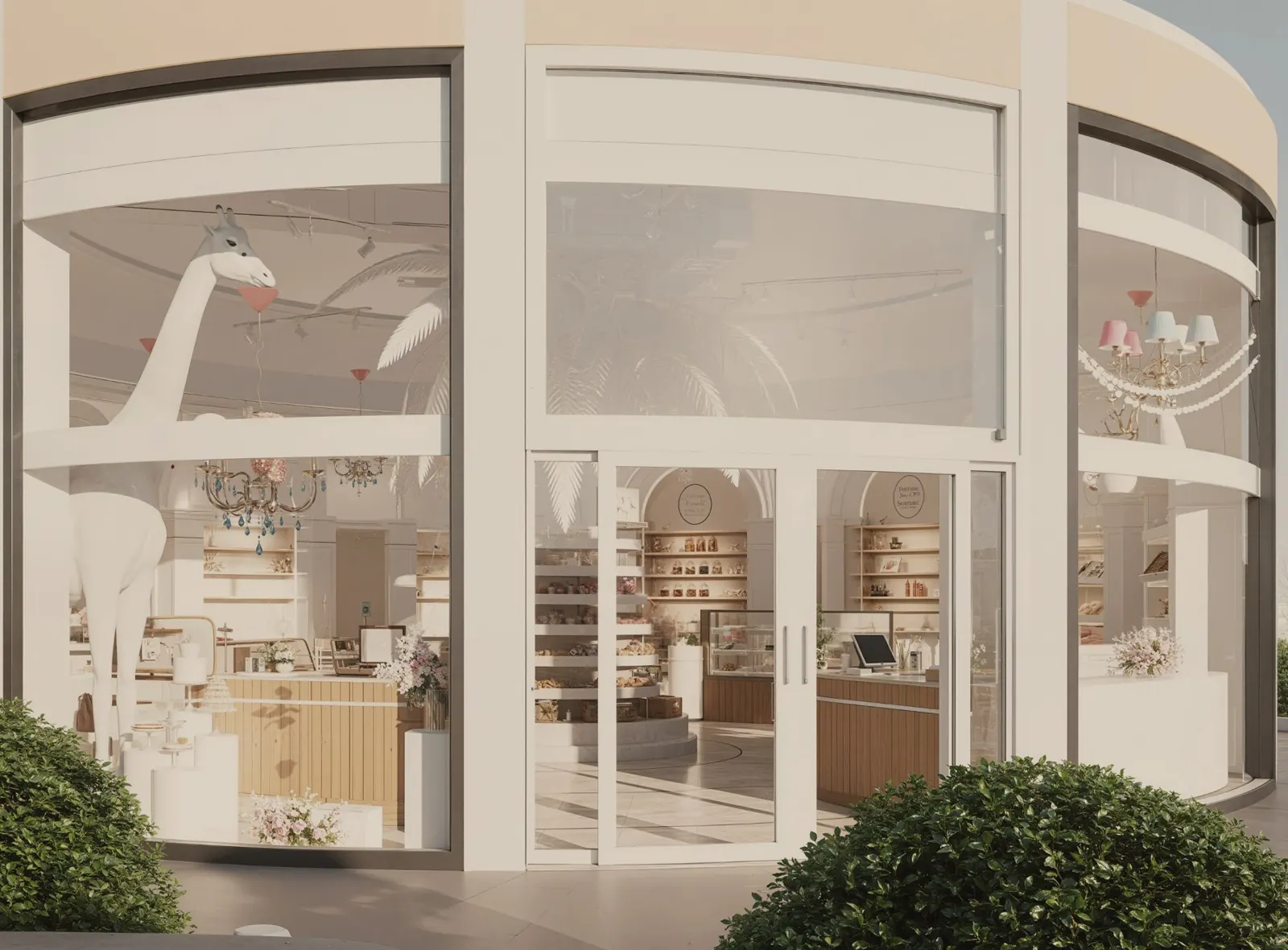 Patisserie shopfront with curved glazing and sculptural giraffe, Cairo, Egypt