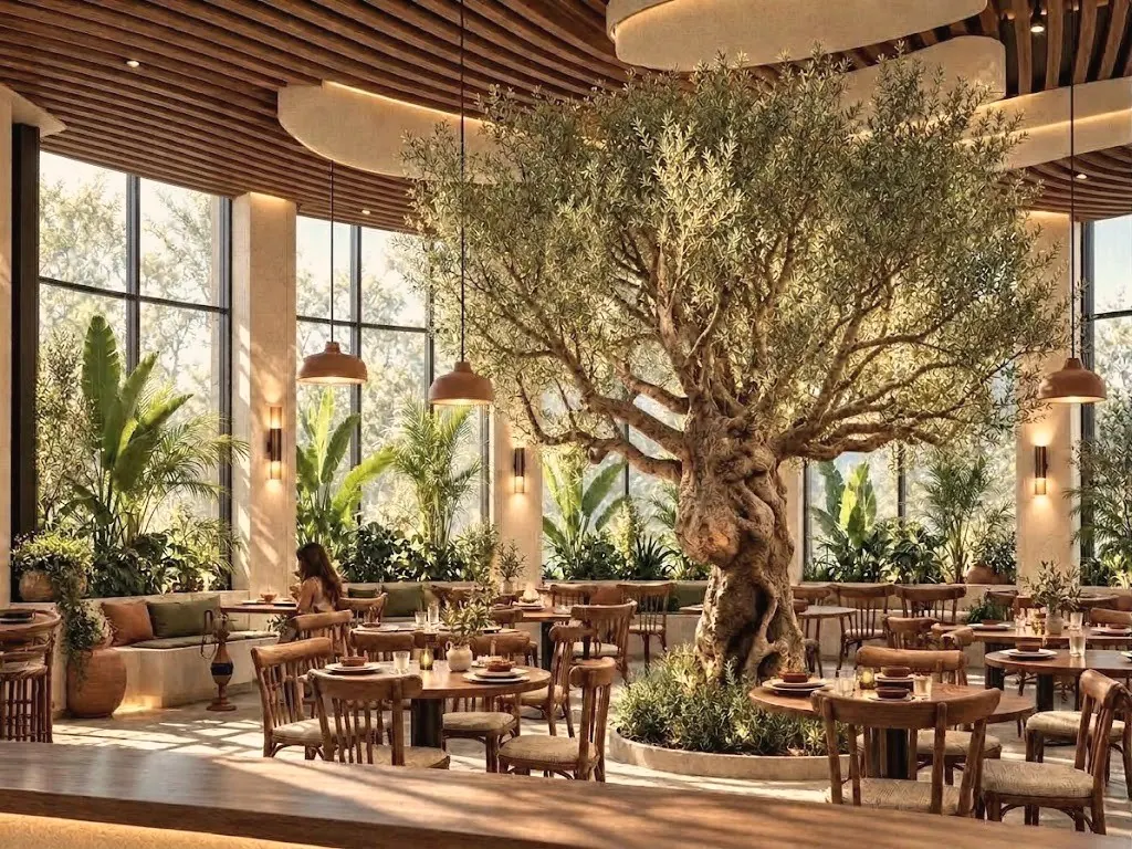Restaurant with central olive tree, timber slatted ceiling and garden views, Jeddah, Saudi Arabia