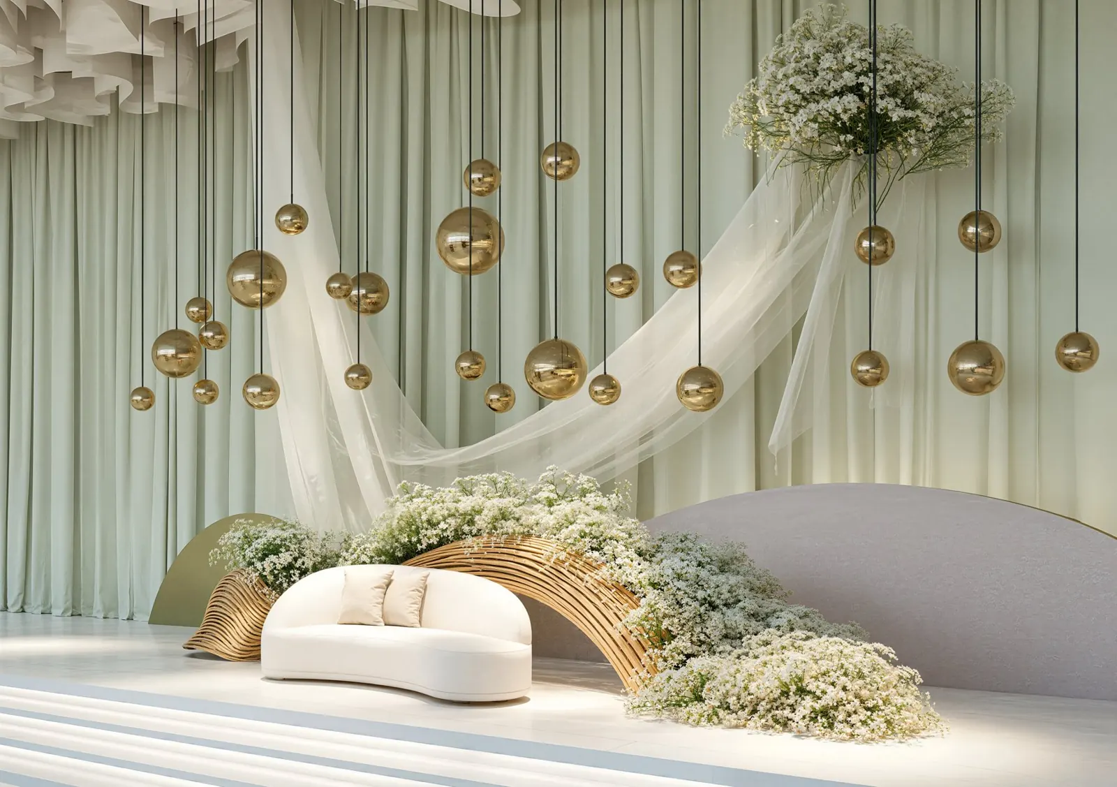 Wedding stage with gold globe pendants, sheer drapes and floral wood arch, Al Safa, Dubai