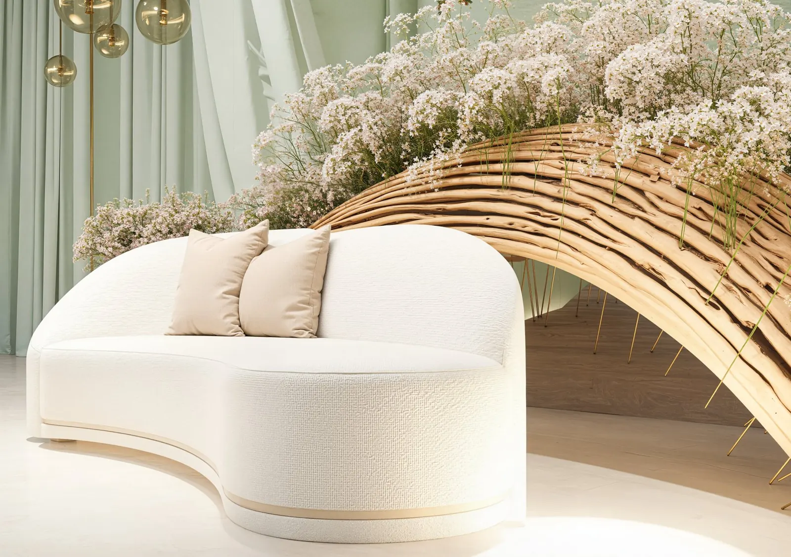 Curved ivory sofa beneath a floral driftwood arch, Al Safa, Dubai