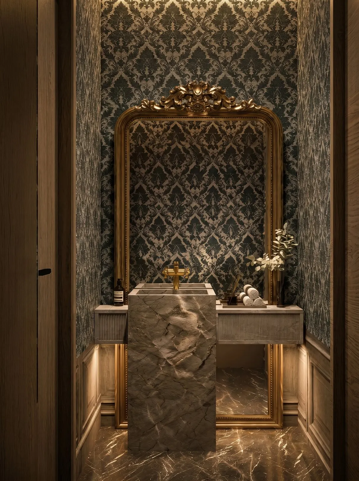 Powder room with damask wallpaper and gilded mirror